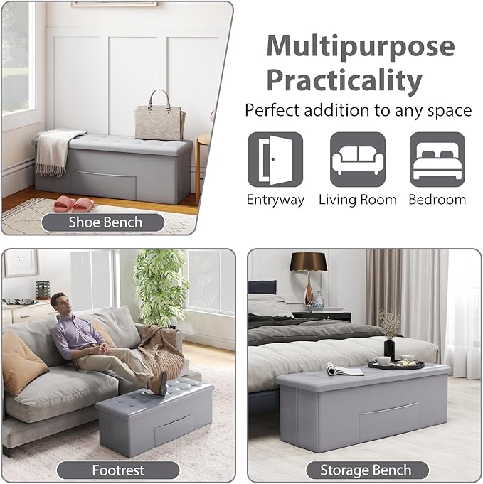 Giantex 43 Inches Folding Storage Ottoman Bench, Upholstered PU Leather Storage - Image 7