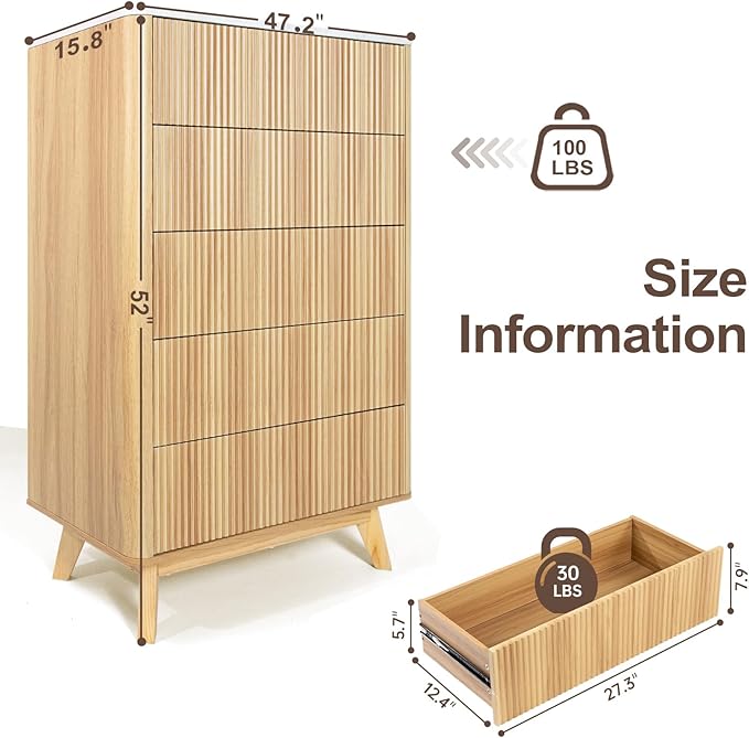 Fluted 5 Drawers Dresser for Bedroom, Curved Profile Design, Wood Drawer - Image 2