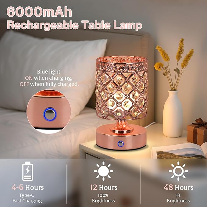 TOBUSA Crystal Cordless Table Lamp Rechargeable, Portable 6000mAh Battery - Image 3