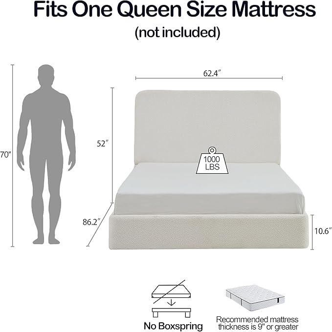Queen Size Upholstered Bed Frame, Canter Tall Headboard Floor Platform Beds - Image 2