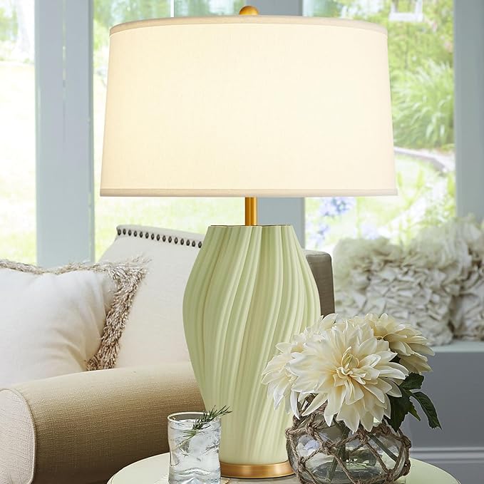 Modern Textured Ceramic Large Table Lamps 26.75", Sage Green Plug in Table Lamp by Waikmdv