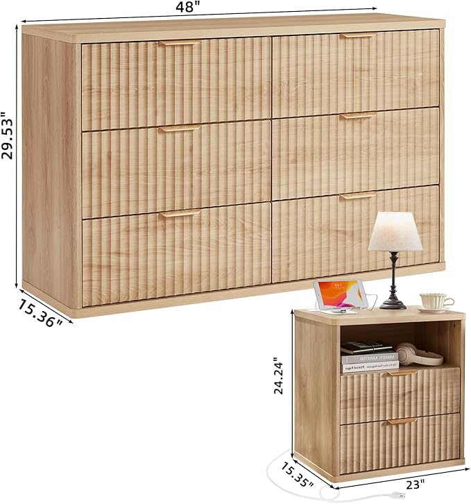 LEYAOYAO 48" Wide Fluted Dresser and 2 Drawers 23" Nightstand Set of 2 - Image 3