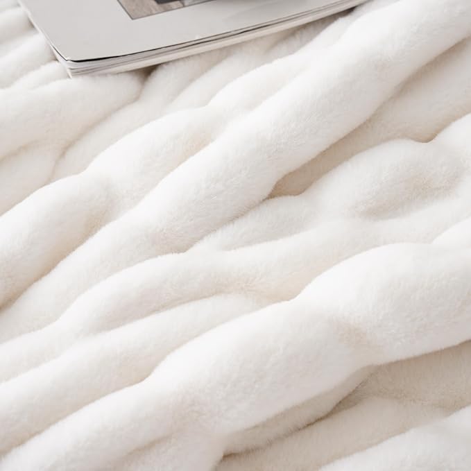 BATTILO HOME Cream Faux Fur Throw Blanket, Double Side Ruched Rabbit Fur Blanket - Image 6