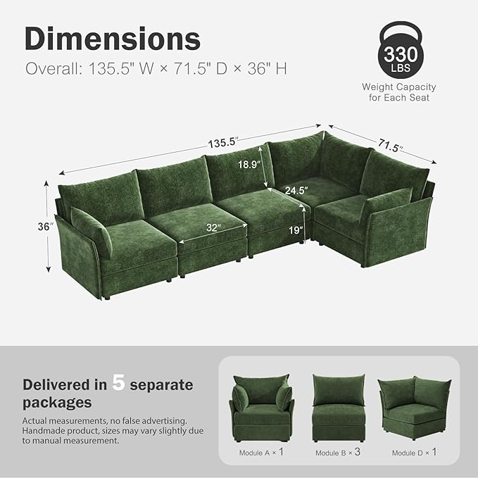 ABCASA 135.5" Oversized Modular Sectional Sofa, L Shaped Convertible Couch - Image 2
