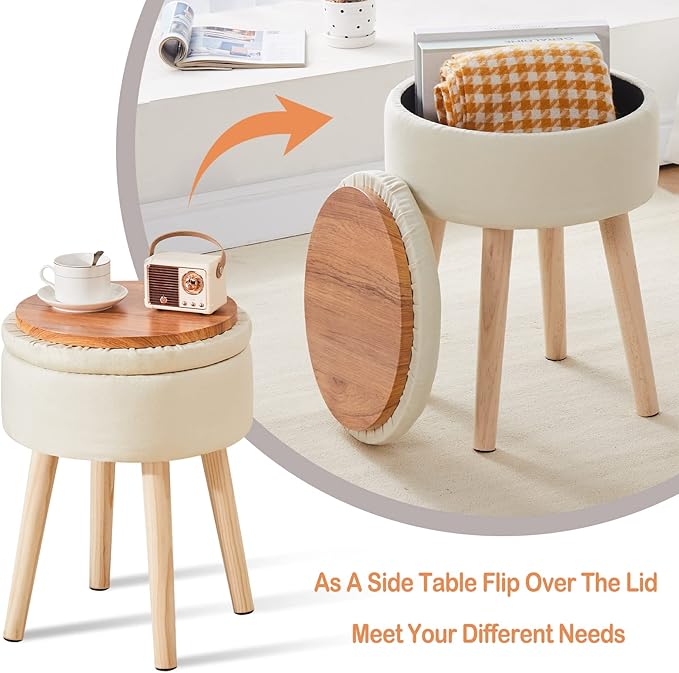 Mxfurhawa Storage Ottoman Linen Round Vanity Stool Tray Top Modern Foot Stool - Image 4