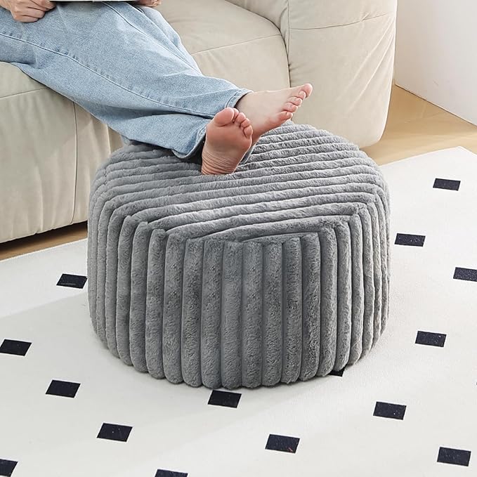 Tiita Round Stuffed Pouf Ottoman, Stripe Faux Fur Poufs by TiitaHome