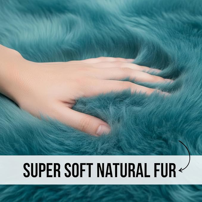 Beach Blue Genuine Sheepskin Rug 4x6 ft, Real Fluffy Quad Pelt Fur Area Rug - Image 7