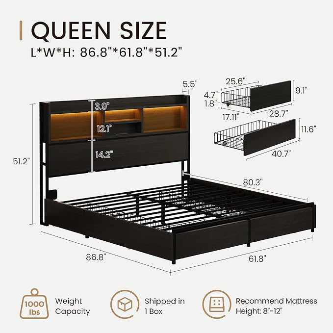Queen Storage Bed Frame with 6 Drawers, USB Charging Station, No Noise - Image 2