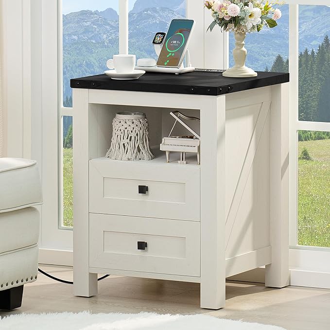 Joaxswe Nightstand with Charging Station and USB Port, Farmhouse Side End Table by Joaxswe
