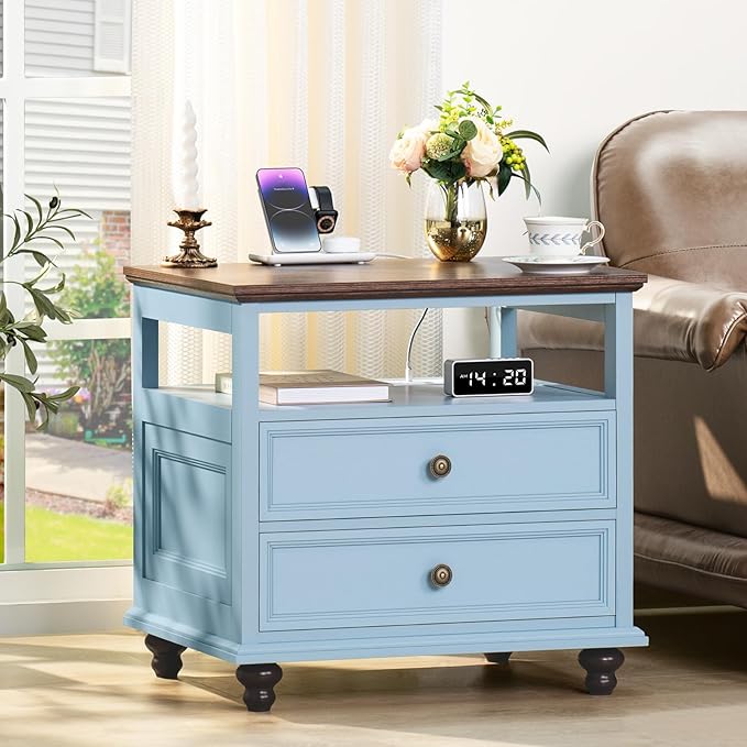 Farmhouse Nightstand with Charging Station, Light Blue Dresser by Joaxswe