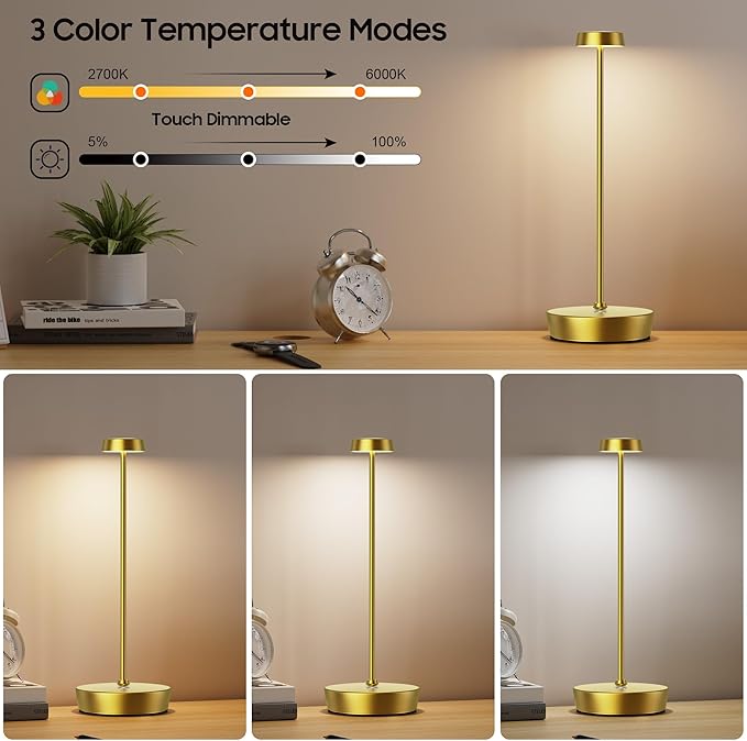 Cordless LED Table Lamp，Rechargeable Battery Desk Lamps, 3 Color Stepless - Image 3