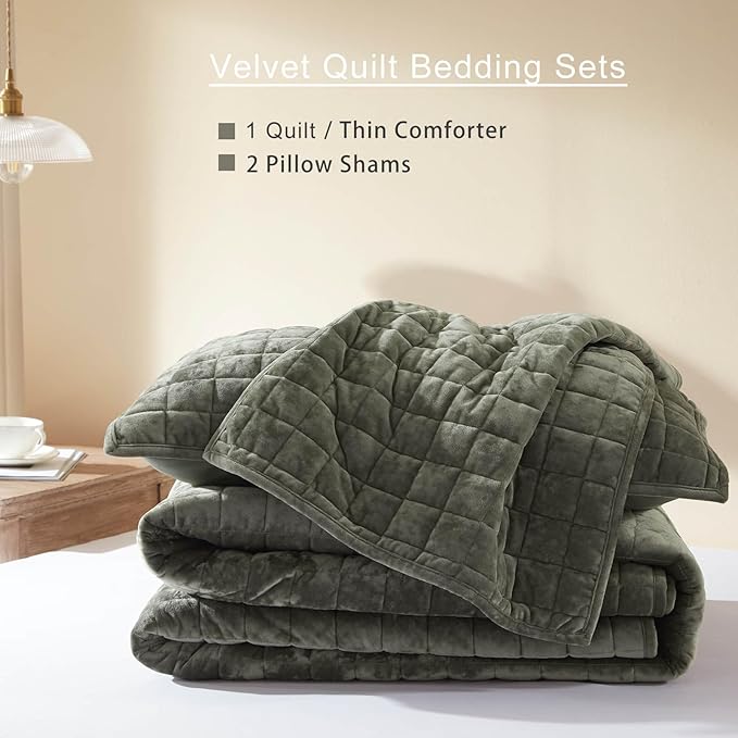 LEAONME Velvet Quilt Oversized California King-120''x120'', Lightweight Olive - Image 5