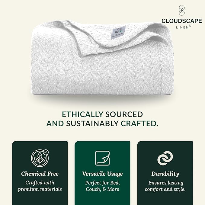 Cloud Scape Linen 100% Cotton Throw Blanket 50x70 White, Luxury All-Season - Image 5
