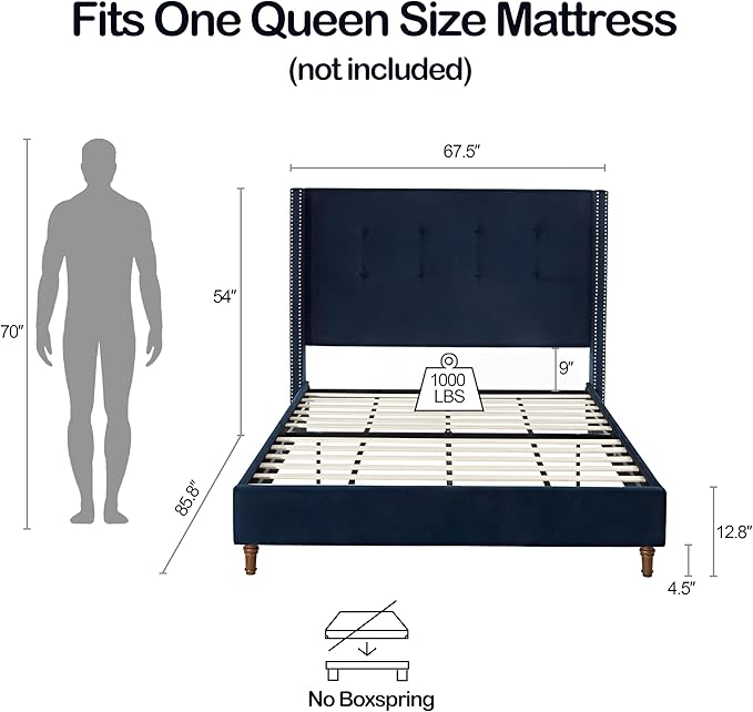Queen Size Upholstered Bed Frame, Hand Buttoned Tufting Headboard Beds/No Box - Image 2