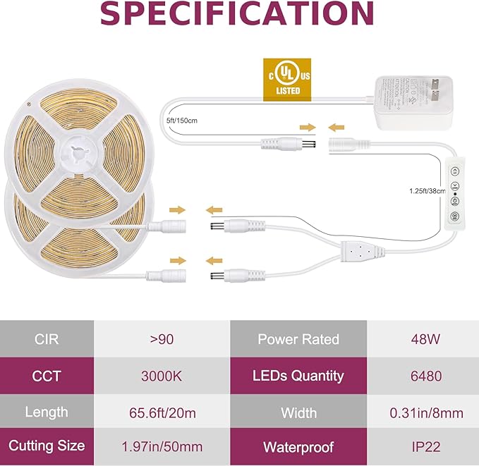 COB LED Strip Light Warm White, 66ft Dimmable 3000K Super Bright White Led - Image 6