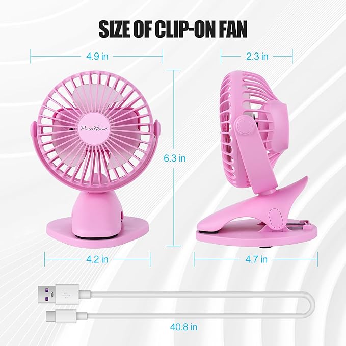 PureHome Portable Clip Fan Battery Operated, 3 Speeds USB Rechargeable Mini - Image 7