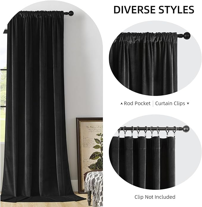 Joydeco Velvet Curtains Extra Wide, Long Luxury Black Blackout Thermal - Image 2