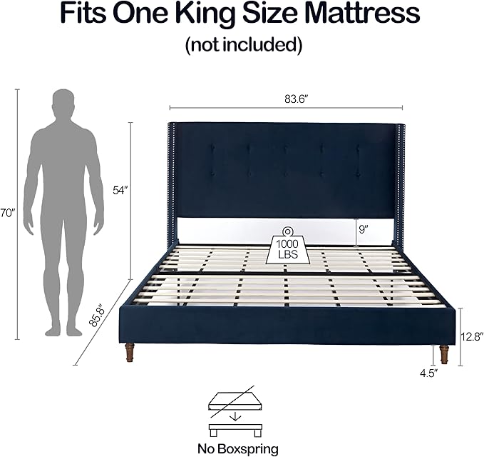 King Size Upholstered Bed Frame, Hand Buttoned Tufting Headboard Beds/No Box - Image 2