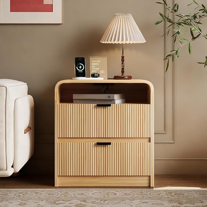24” Fluted Nightstand with Charging Station, Modern Bedside Table with 2 Drawers - Image 8