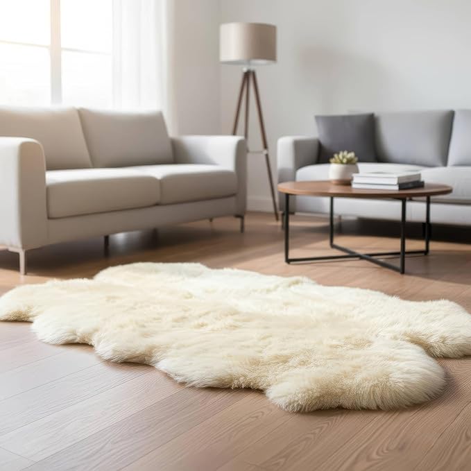 Premium Genuine Sheepskin Rug 4x6 ft, Real Fluffy Quad Pelt, Natural Fluffy Fur by SuperAreaRugs