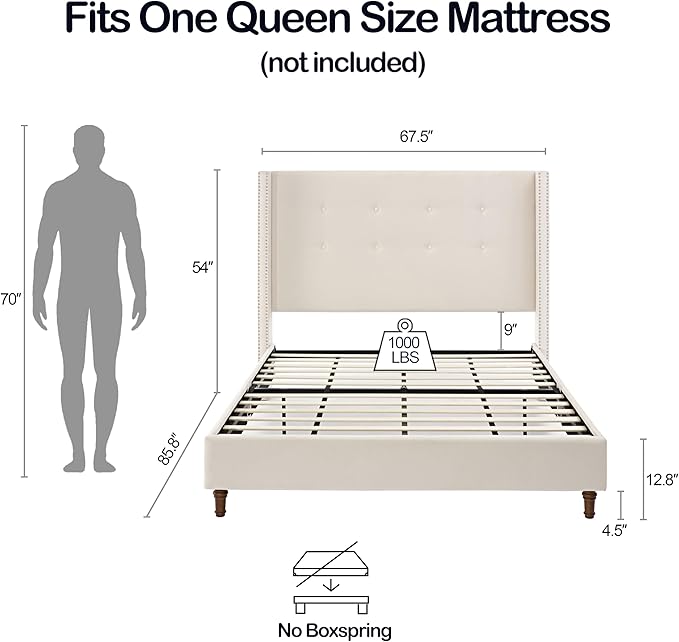 Queen Velvet Bed Frame, Upholstered Platform Bed - Image 2