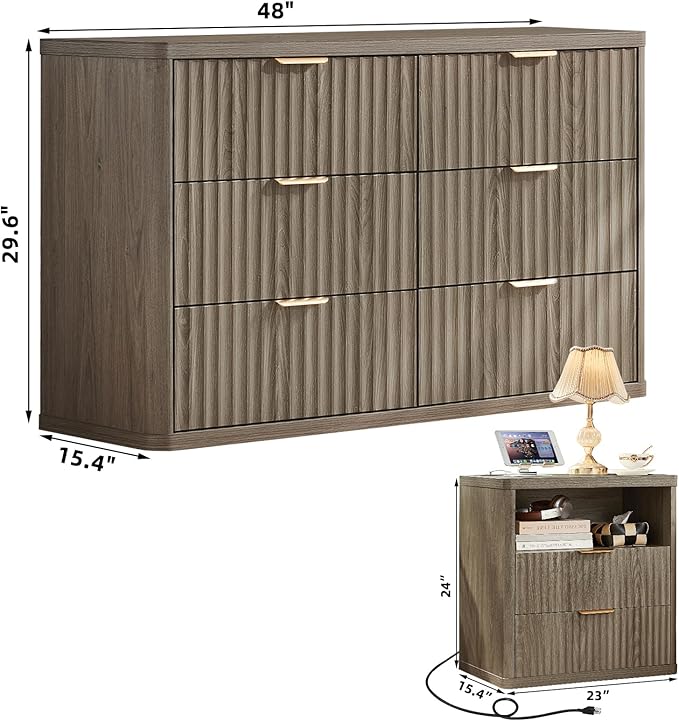 LEYAOYAO 48" Wide Fluted Dresser and 2 Drawers 23" Nightstand Set of 2 - Image 3