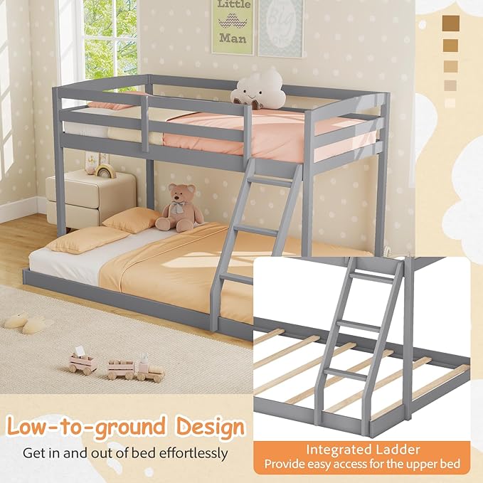 KOMFOTT Low Bunk Bed Twin Over Full, Solid Wood Twin Bed Frame - Image 7