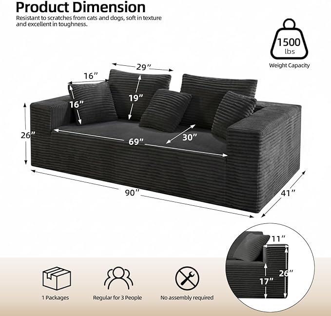 3-Seater Deep-Seat Corduroy Lounge Sleeper Sofa - Image 3