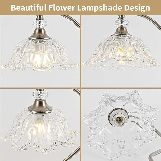 Brushed Nickel Table Lamp with a Floral Clear Glass Shade, A Plug-in Nightstand - Image 6