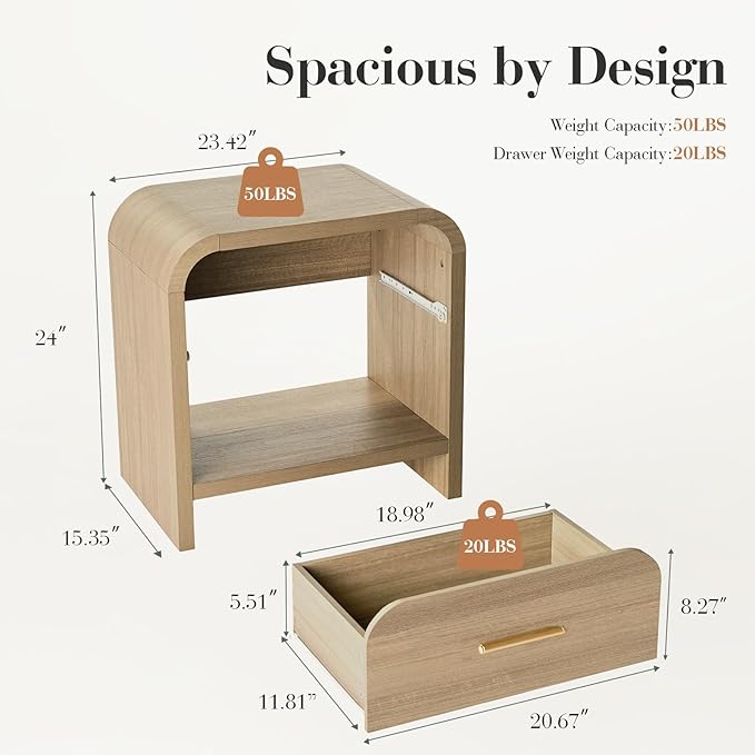 Night Stand Set of 2 1-Drawer and 1 Storage Shelf Nightstand 24" H Metal Handle - Image 2