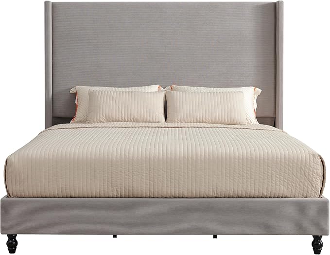 Queen Bed Frame with 63" Tall Headboard, Horizontal Fine Corduroy Bed Frame - Image 9