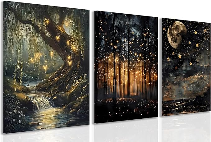 Tranquil Night Forest Framed Canvas Posters Set of 3 Wall art, Moon Fireflies by Unknown