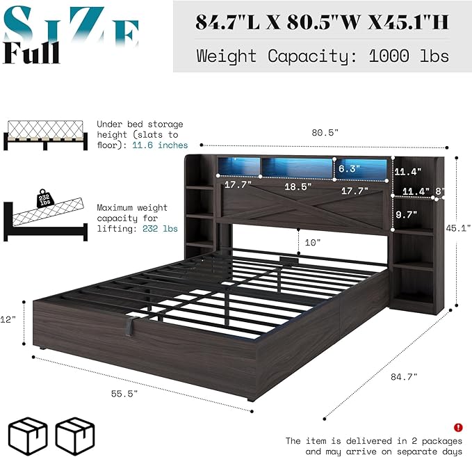 AMERLIFE Full Size Lift Up Storage Bed Frame, 45.1" LED Bed Frame - Image 2
