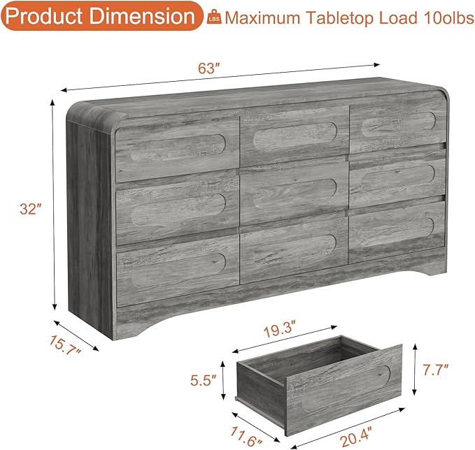Grey Dresser for Bedroom with 9 Drawers, Wood Closet Clothes Storage Long - Image 2