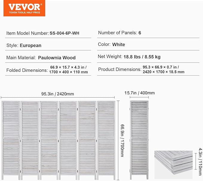 VEVOR Wood Room Divider, 6 Panel Wood Folding Privacy Screen, 66.9 Inches Tall - Image 8