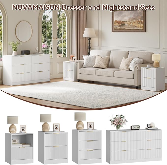 6 Drawer Dresser and Nightstand Set 3-Piece, 55” Wide Bedroom Dressers & Night - Image 4
