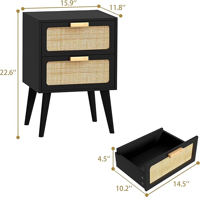 YAUKOMEL Rattan Nightstand, Wood End Table, Side Table - Image 3