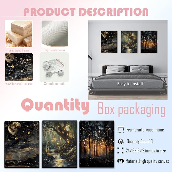 RYZopmuy Forest Wall Art Set – 3 Framed Moon & Fireflies Canvas Prints - Image 7