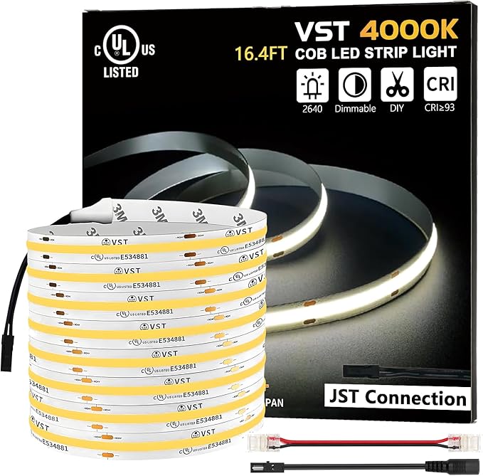 VST 16.4ft COB LED Strip Lights Natural White 4000K, 24V Dimmable LED Tape Light by VSTLighting