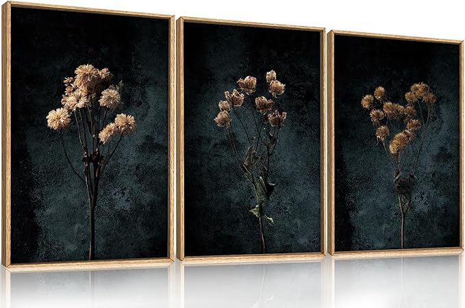LHIUEM Dark Moody Wildflowers Framed Canvas Wall Art Set, Minimalist Wildflower by LHIUEM