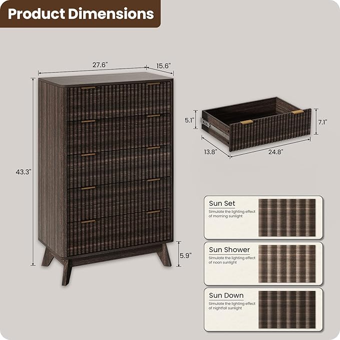 43'' Hight 5 Drawers Dresser for Bedroom, Modern Fluted Vertical Chest - Image 2