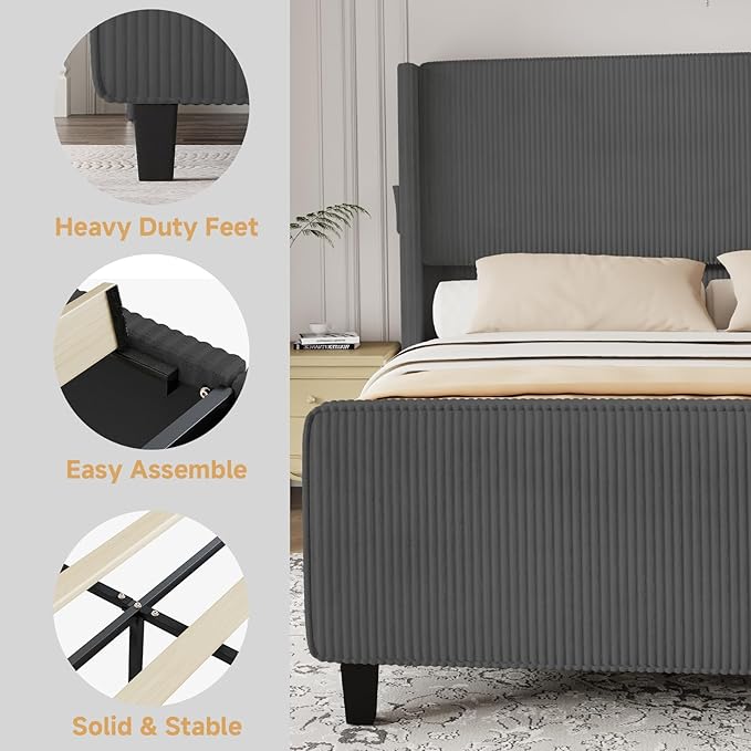Queen Size Bed Frame with Headboard, Upholstered Platform Bed with Tall - Image 7