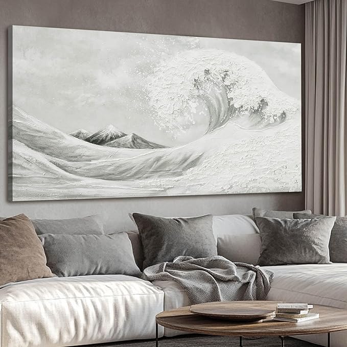 YETHEN WAL Textured Grey Wave Wall Art – Extra Large 3D Coastal Canvas by Unknown