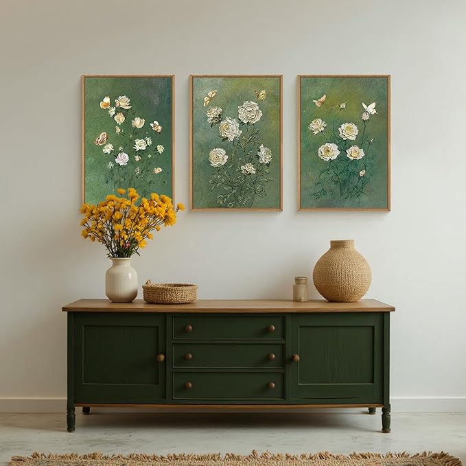 LHIUEM Vintage Moody White Roses Framed Canvas Wall Art, Abstract Flower Green - Image 4
