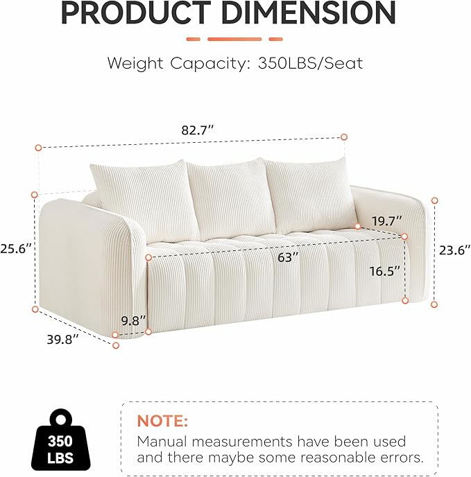 83'' Boneless Corduroy Sofa, Oversized 3 Seater Deep Seat Couch - Image 2