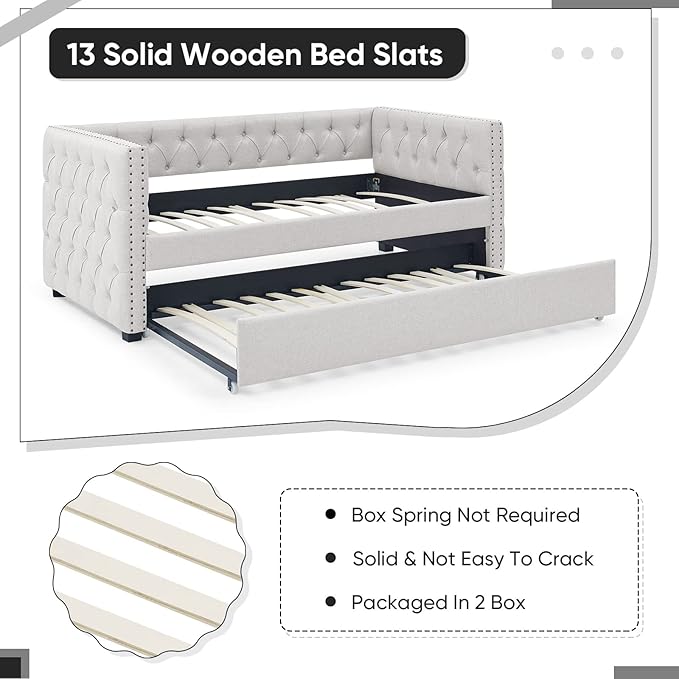 Antetek Daybed with Trundle, Upgraded Linen Upholstered Twin Size Day Bed - Image 9