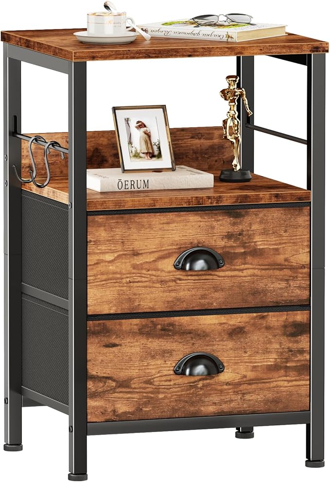 Furologee Nightstand with 2 Fabric Drawers, Night Stand with 2-Tier Shelf by Furologee
