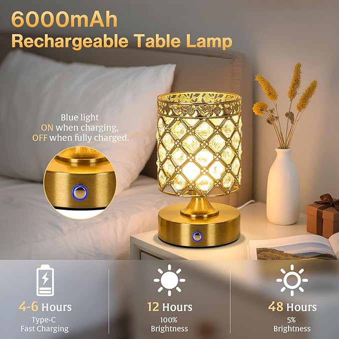 TOBUSA Gold Rechargeable Cordless Table Lamp, 6000mAh Crystal Battery Operated - Image 3