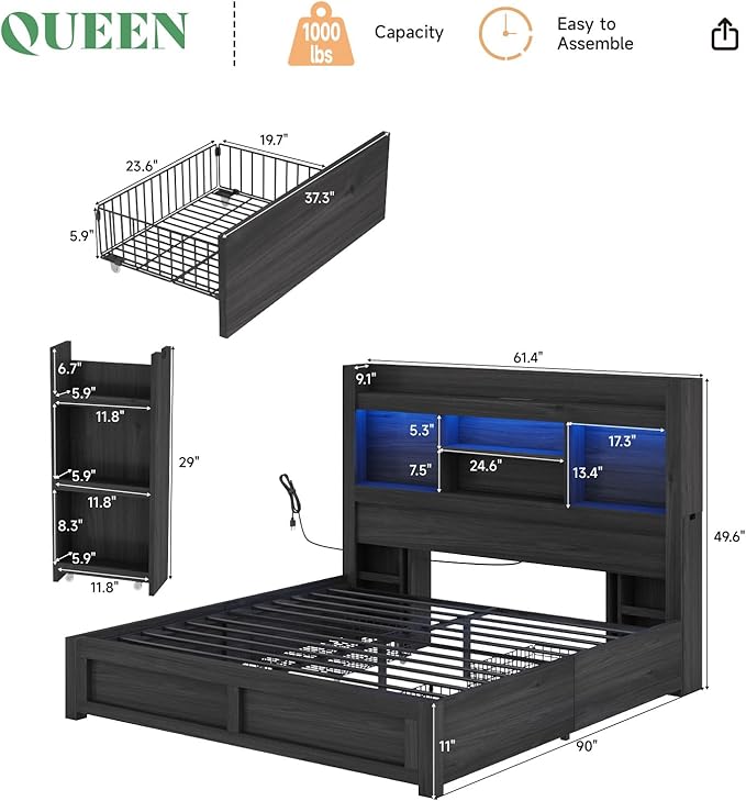 AMERLIFE Queen Bed Frame with 4 Storage Drawers, LED Bed Frame with 49.6" Tall - Image 2