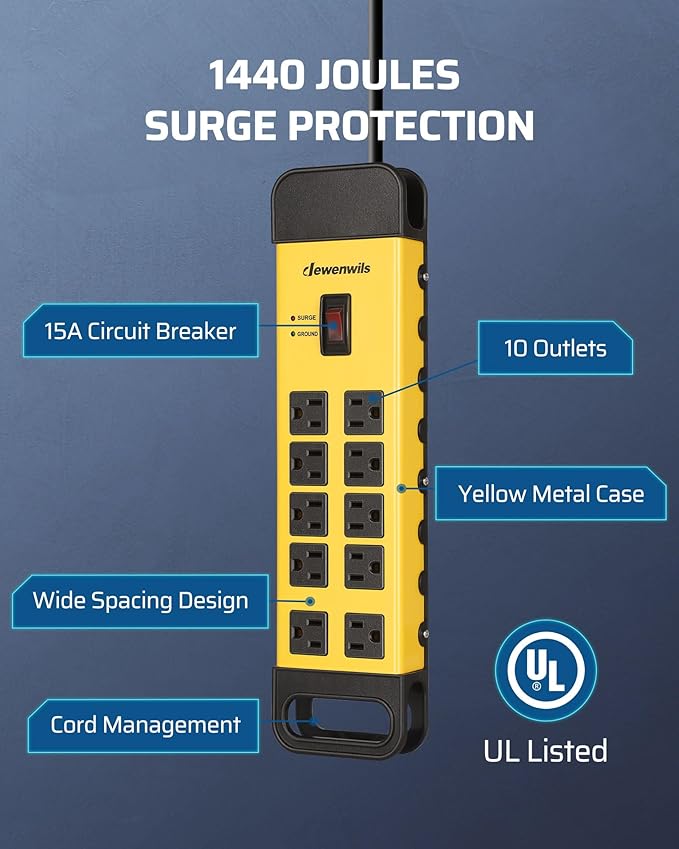 DEWENWILS 10-Outlet Metal Surge Protector Power Strip, UL Listed, 6Ft Cord Flat - Image 2